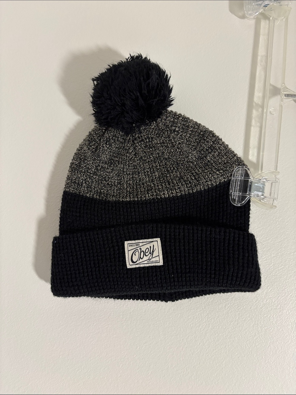 Obey Adult Black and Gray Pom Pom Knit Beanie One Size